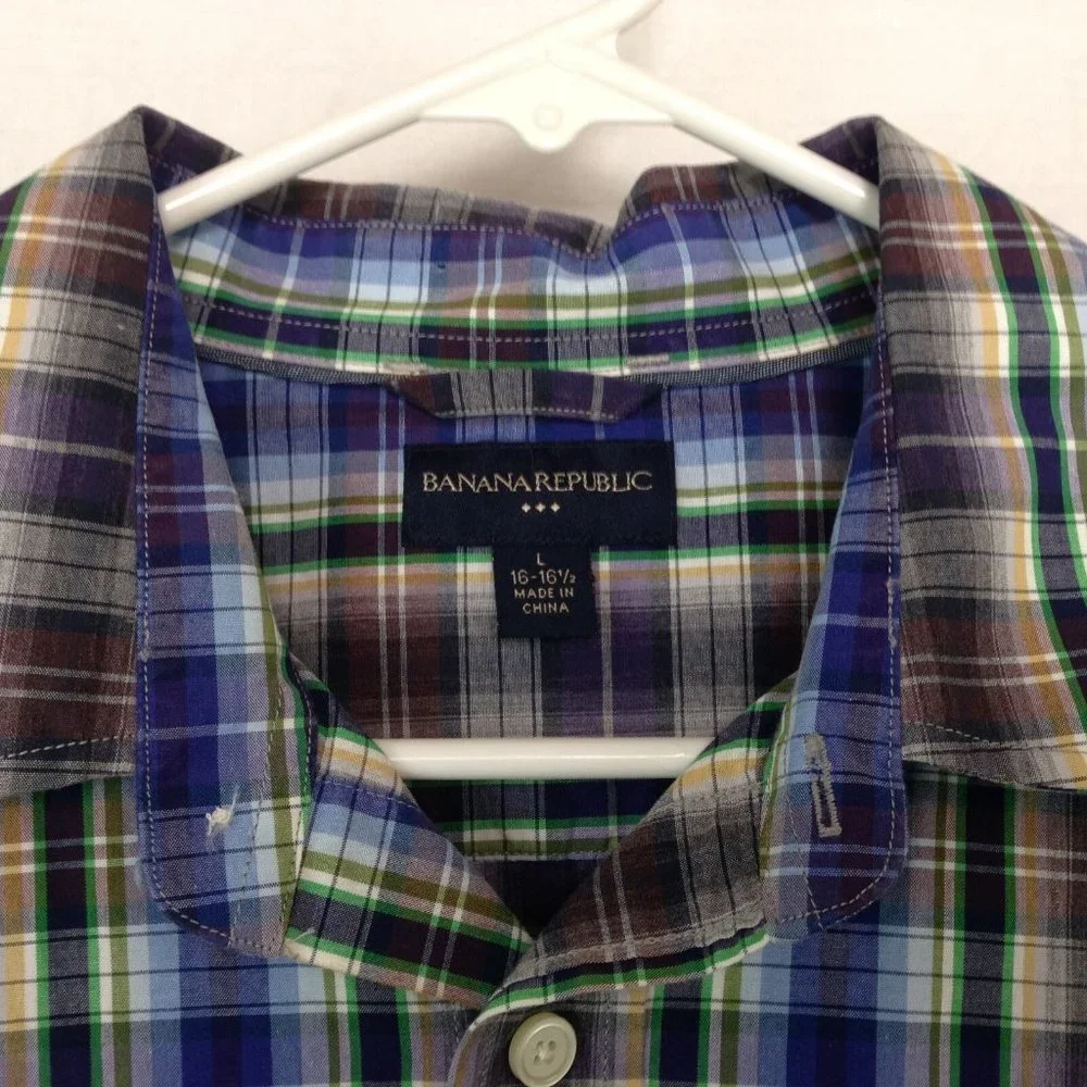 Banana Republic‎ Shirt Mens L Blue Purple Plaid Long Sleeve Button Front Cotton